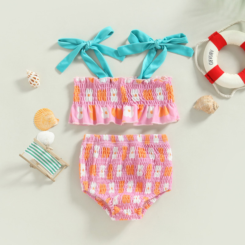 Tregren, slatki dječji bikini set za djevojčice, slatki kupaći kostim s naborima i cvjetnim uzorkom, kupaći kostim kontrastne boje, ljetni kupaći kostim za plažu