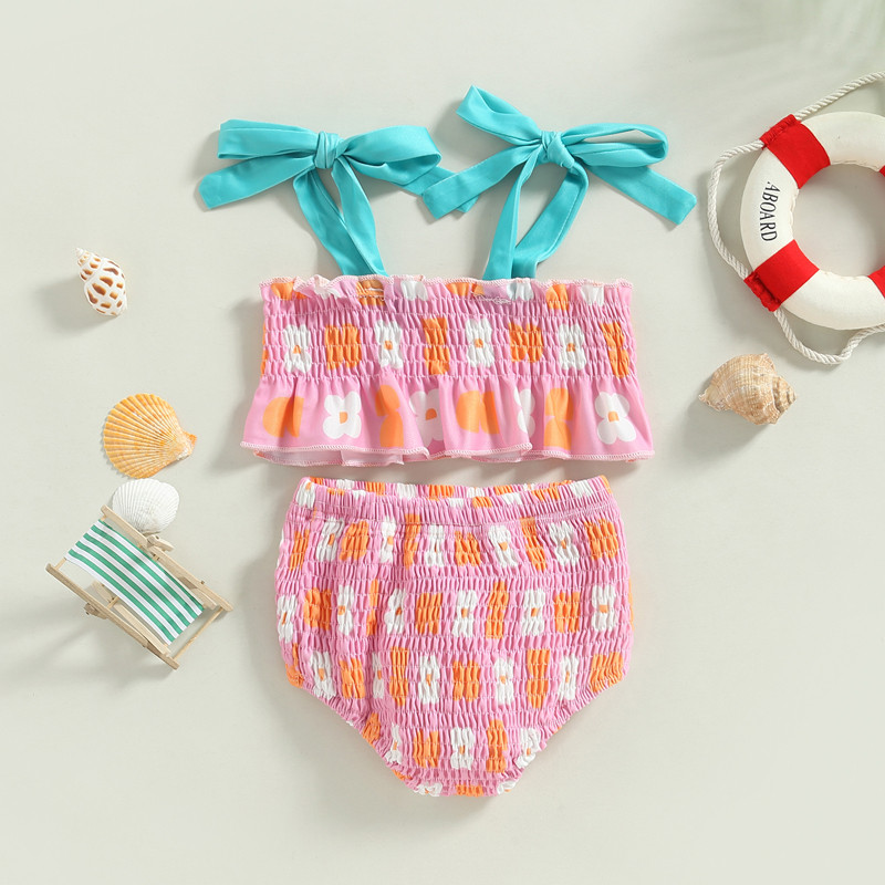 Tregren, slatki dječji bikini set za djevojčice, slatki kupaći kostim s naborima i cvjetnim uzorkom, kupaći kostim kontrastne boje, ljetni kupaći kostim za plažu