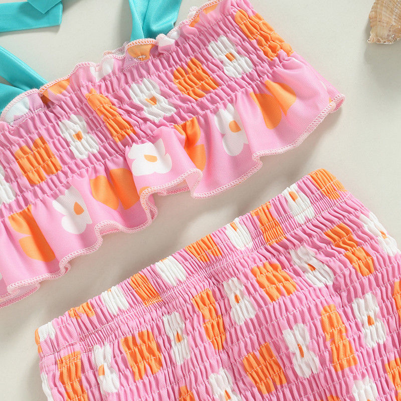 Tregren, slatki dječji bikini set za djevojčice, slatki kupaći kostim s naborima i cvjetnim uzorkom, kupaći kostim kontrastne boje, ljetni kupaći kostim za plažu