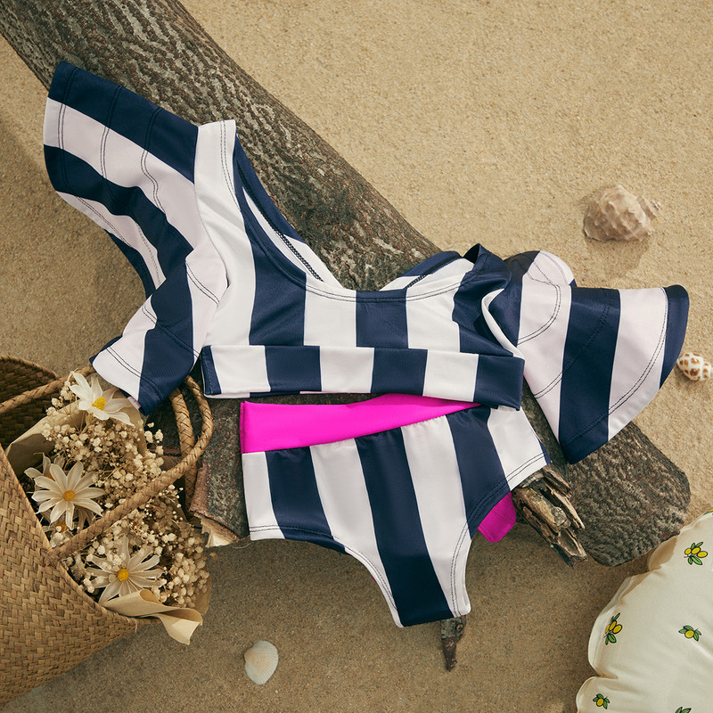 EWODOS 1–6-aastased väikelapsed, tüdrukud, 2 tk, volangidega varrukatega ujumisriided bikiinikomplektid, suvised lille-/triibulise mustriga ujumistrikoo laste bikiinikomplekt