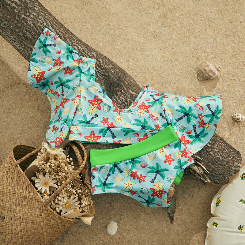 EWODOS 1–6-aastased väikelapsed, tüdrukud, 2 tk, volangidega varrukatega ujumisriided bikiinikomplektid, suvised lille-/triibulise mustriga ujumistrikoo laste bikiinikomplekt