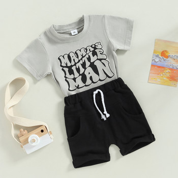 Летни комплекти дрехи FOCUSNORM за прохождащо бебе момче 0-3 г Пуловер тениска с къс ръкав с щампа на букви + плътен комплект къси панталони