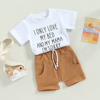 Летни комплекти дрехи FOCUSNORM за прохождащо бебе момче 0-3 г Пуловер тениска с къс ръкав с щампа на букви + плътен комплект къси панталони