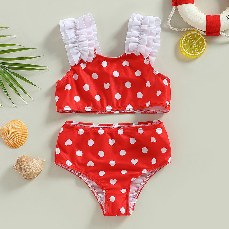 2-7 éves gyermek fürdőruha, lányok bikini szett 2023 nyári leopárd/szívmintás fodros sling fürdőruha gyermek fürdőruha baba strandruha