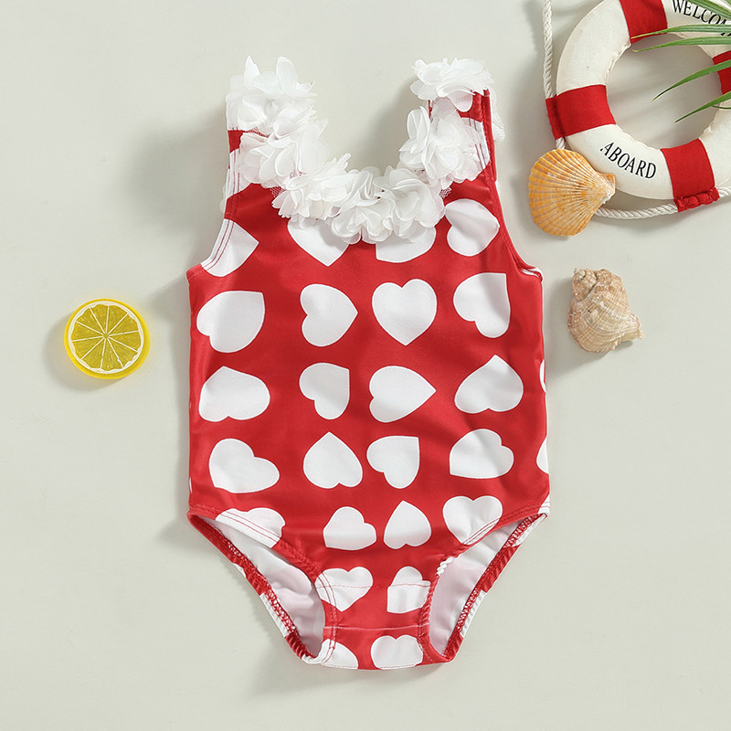 Mazuļu peldkostīmi, meiteņu bikini, 2023. gada vasaras sirds apdruka ar ziedu apdari bez aizmugures peldkostīmi, mazuļu peldkostīmi, bērnu pludmales apģērbi