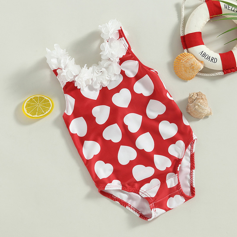 Mazuļu peldkostīmi, meiteņu bikini, 2023. gada vasaras sirds apdruka ar ziedu apdari bez aizmugures peldkostīmi, mazuļu peldkostīmi, bērnu pludmales apģērbi