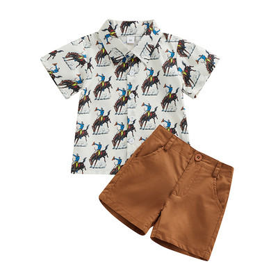 FOCUSNORM 0-4Y Ljetni kompleti odjeće za dječake Košulja kratkih rukava s printom kravljeg kaktusa na rever Ležeran set elastičnih kratkih hlača
