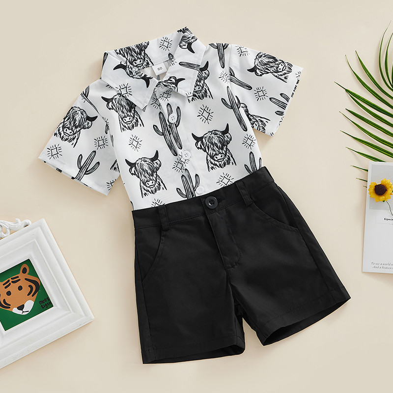 FOCUSNORM 0-4Y Ljetni kompleti odjeće za dječake Košulja kratkih rukava s printom kravljeg kaktusa na rever Ležeran set elastičnih kratkih hlača