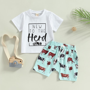 Citgeett Καλοκαιρινά ρούχα για μωρά αγόρια με στάμπα γράμμα με κοντομάνικο μπλουζάκι και σετ ρούχων ελαστικό σορτς με στάμπα αγελάδας
