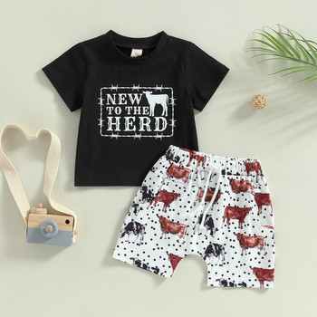 Citgeett Καλοκαιρινά ρούχα για μωρά αγόρια με στάμπα γράμμα με κοντομάνικο μπλουζάκι και σετ ρούχων ελαστικό σορτς με στάμπα αγελάδας
