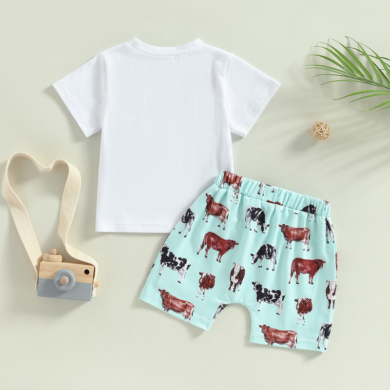 Citgeett Ljetna odjeća za malu djecu i dječake Majica kratkih rukava s printom slova i komplet odjeće s kratkim rukavima s kravljim printom