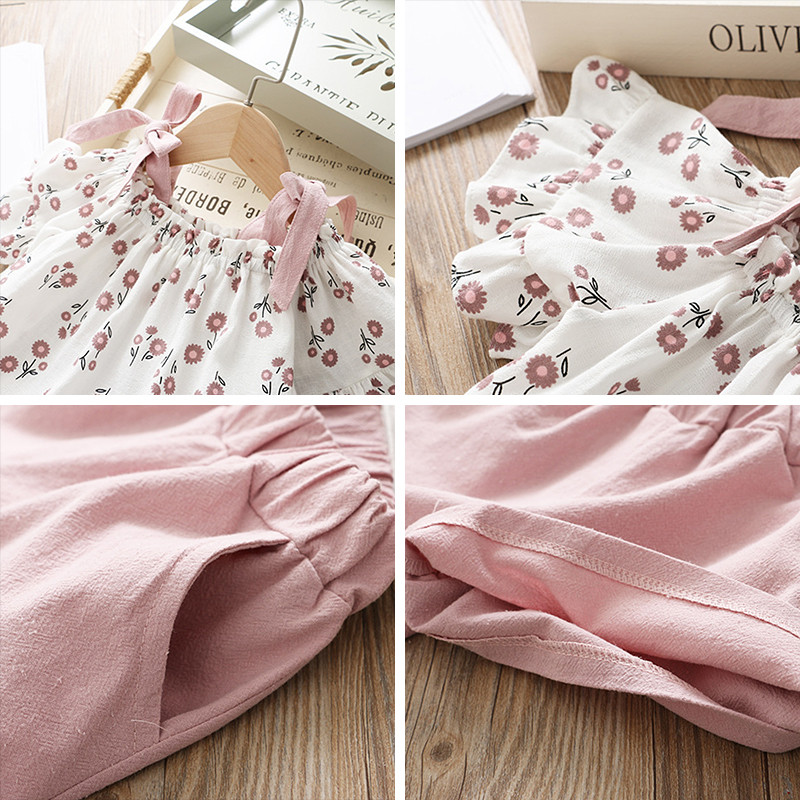 Bear Leader meiteņu kleita 2023. g. Jauns bērnu apģērba siksnas plecu kleita Bērnu apģērbu komplekts ar ziediem top + kleitu komplekts