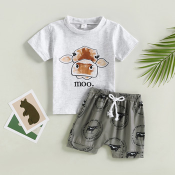 FOCUSNORM 0-3Y Kid Boy Causal Clothes σετ 2 τμχ Μπλούζες με στάμπα με κεφαλή αγελάδας με κοντό μανίκι + κοντό παντελόνι με κορδόνια