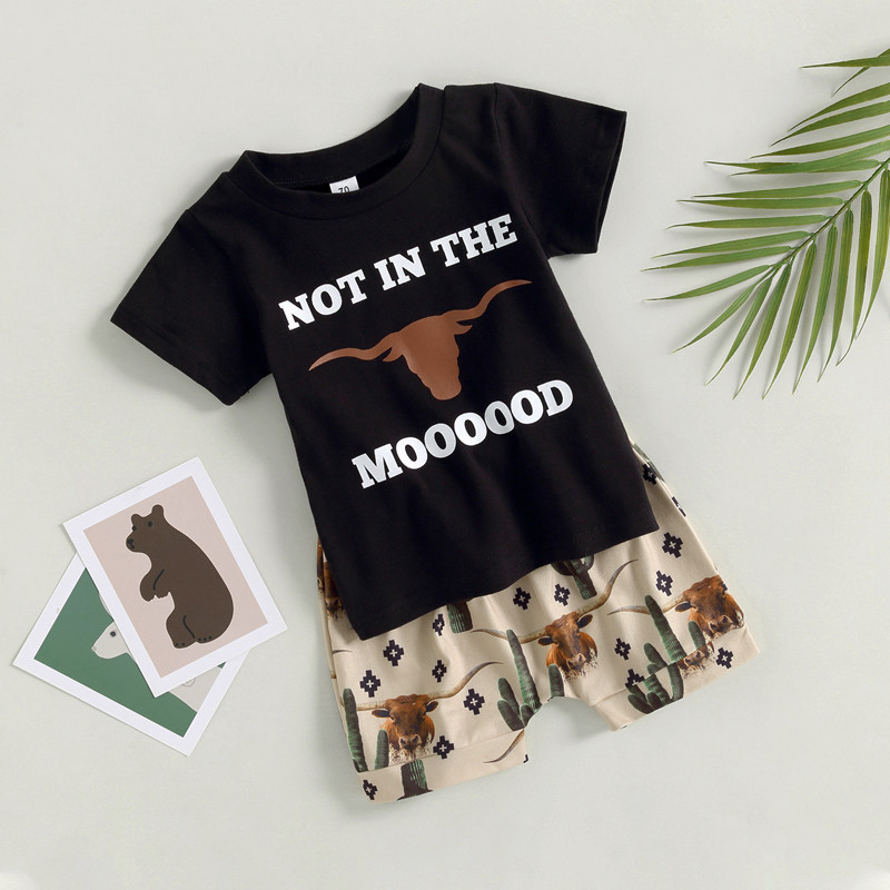 FOCUSNORM 0-3Y Kid Boy Causal Ruhakészletek 2db-os Rövid ujjú Betűs Tehénfej-nyomtatott felsők + húzózsinóros rövid nadrágok