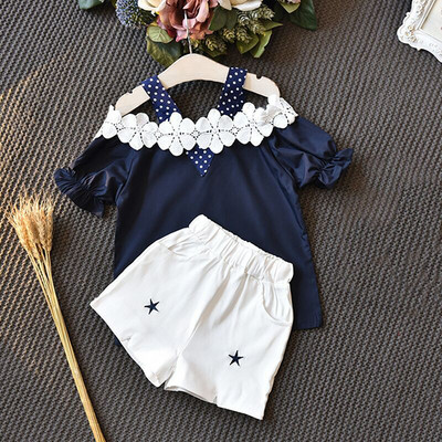 Lányruha 2018 Nyári Stílusú Lányruha Szettek Ujj virágos póló + Solid Rövid 2 db Szettek Alkalmi lánykosztümök Gyerekruhák