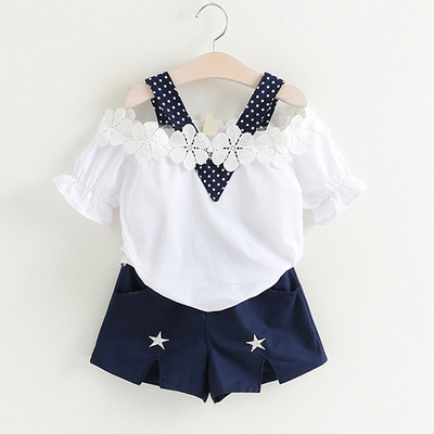 Lányruha 2018 Nyári Stílusú Lányruha Szettek Ujj virágos póló + Solid Rövid 2 db Szettek Alkalmi lánykosztümök Gyerekruhák