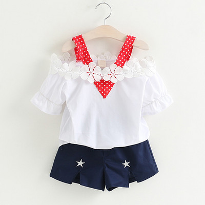 Lányruha 2018 Nyári Stílusú Lányruha Szettek Ujj virágos póló + Solid Rövid 2 db Szettek Alkalmi lánykosztümök Gyerekruhák