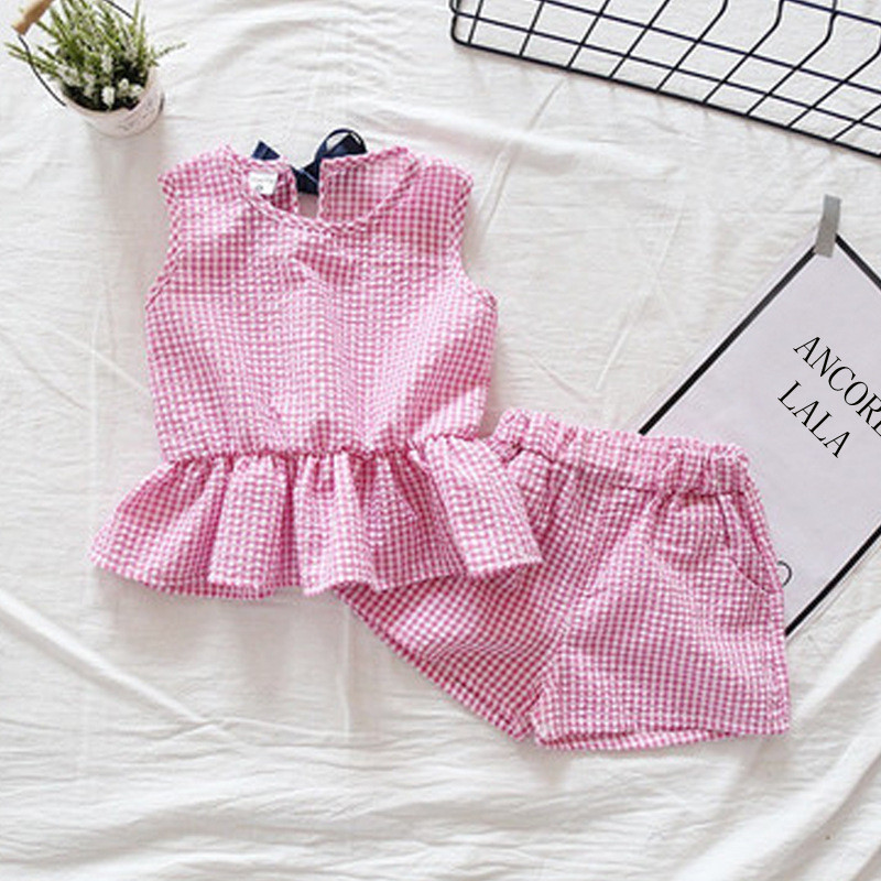 Lányruha 2018 Nyári Stílusú Lányruha Szettek Ujj virágos póló + Solid Rövid 2 db Szettek Alkalmi lánykosztümök Gyerekruhák