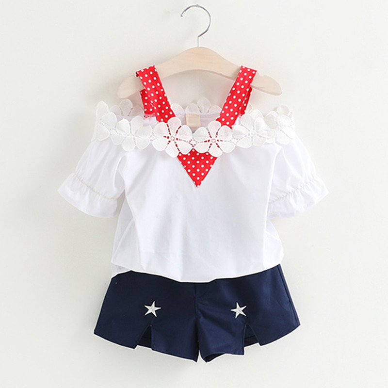 Lányruha 2018 Nyári Stílusú Lányruha Szettek Ujj virágos póló + Solid Rövid 2 db Szettek Alkalmi lánykosztümök Gyerekruhák