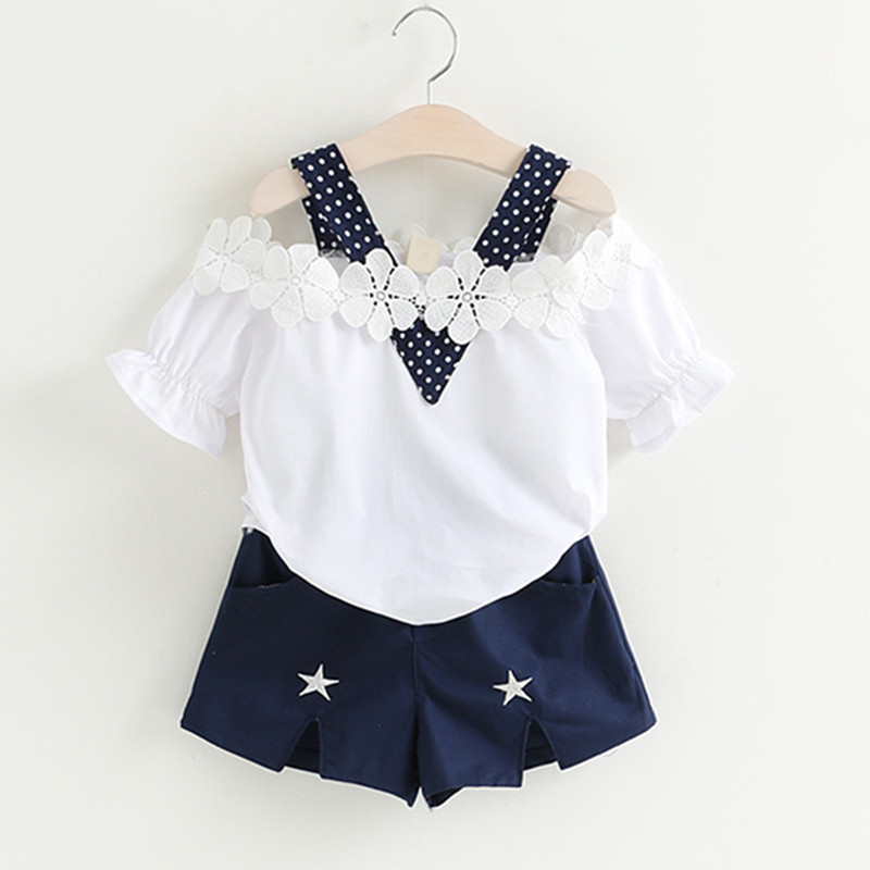 Lányruha 2018 Nyári Stílusú Lányruha Szettek Ujj virágos póló + Solid Rövid 2 db Szettek Alkalmi lánykosztümök Gyerekruhák