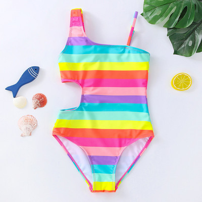 2022 Girls Swimsuit One Piece Striped Cut-out Swimwear 3-10years Bathing Suit Rainbow Children`s Swimwear 2022 New