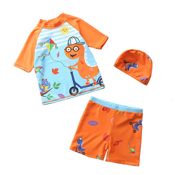 Летен бански костюм за момчета 2023 г. Динозавър със сладък принт Топ+панталон+шапка Комплект от 3 бр. Прохождащо дете Плуващ детски плажен костюм