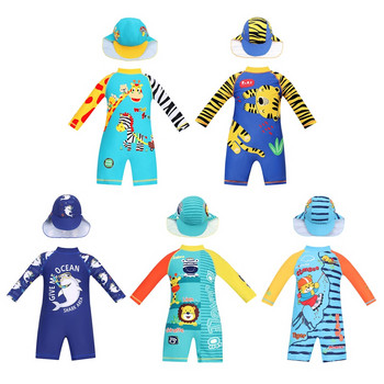 Детски бански с шапка за бебета и момчета 1-6 г. Цял бански костюм за момчета с анимационни филми Бански костюм за малки деца с цип