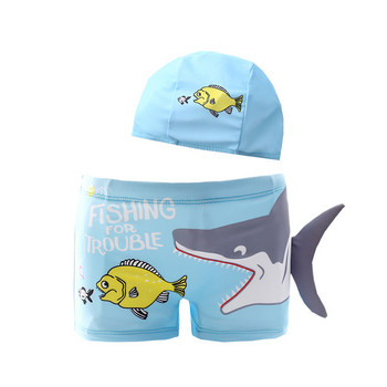 Бебешки бански костюми за момче Бански гащи и шапка Бански костюм за момче от две части Бански костюм с принт на акула и динозавър, детски плажни шорти