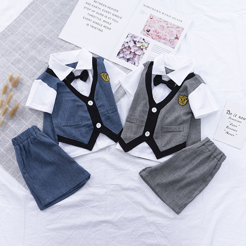 Vasaras zēnu apģērbu komplekts Modes atloks, kostīms ar īsām piedurknēm, krekls + bikses, 2 dab. bērnu apģērbi ballītēm