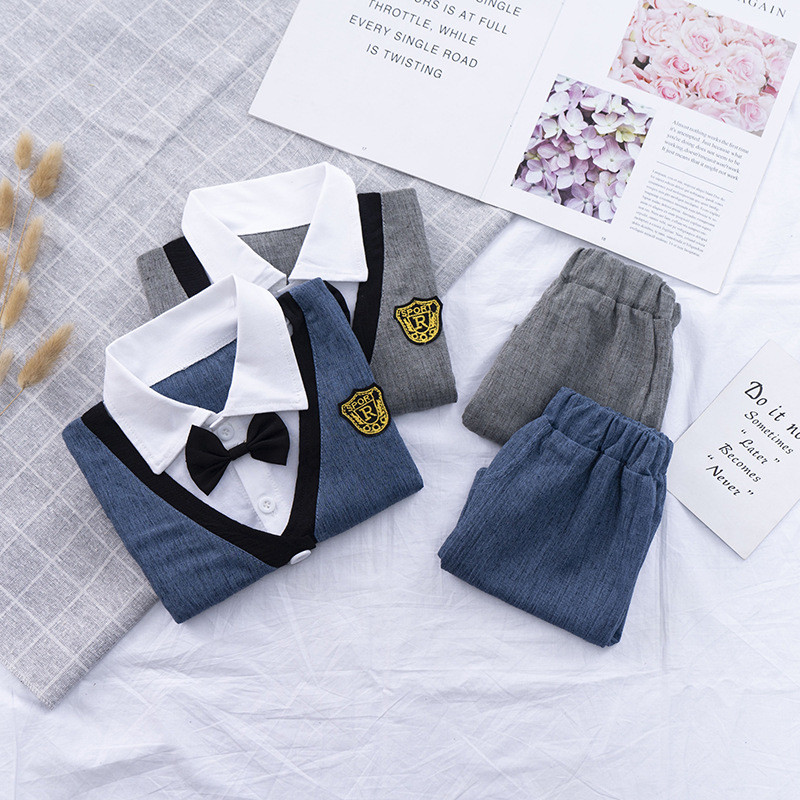 Vasaras zēnu apģērbu komplekts Modes atloks, kostīms ar īsām piedurknēm, krekls + bikses, 2 dab. bērnu apģērbi ballītēm