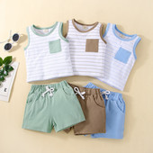 FOCUSNORM Kompleti ljetne odjeće za malu djecu, 3 boje, 2 komada majica s džepovima bez rukava na pruge i kratke hlače s čvrstim elastičnim strukom
