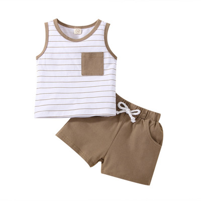 FOCUSNORM Kompleti ljetne odjeće za malu djecu, 3 boje, 2 komada majica s džepovima bez rukava na pruge i kratke hlače s čvrstim elastičnim strukom