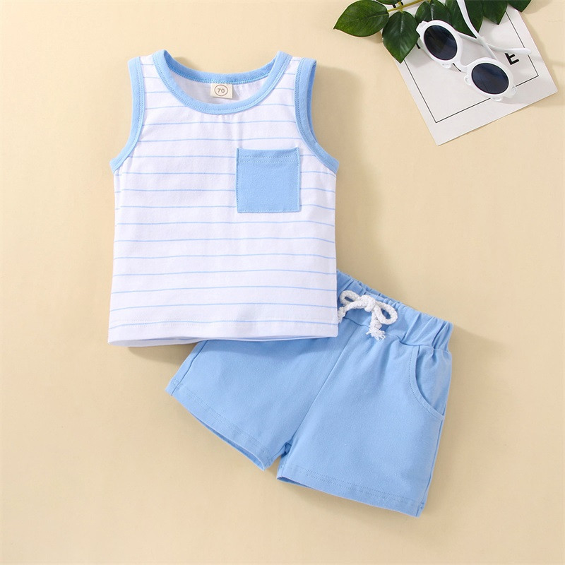 FOCUSNORM Kompleti ljetne odjeće za malu djecu, 3 boje, 2 komada majica s džepovima bez rukava na pruge i kratke hlače s čvrstim elastičnim strukom