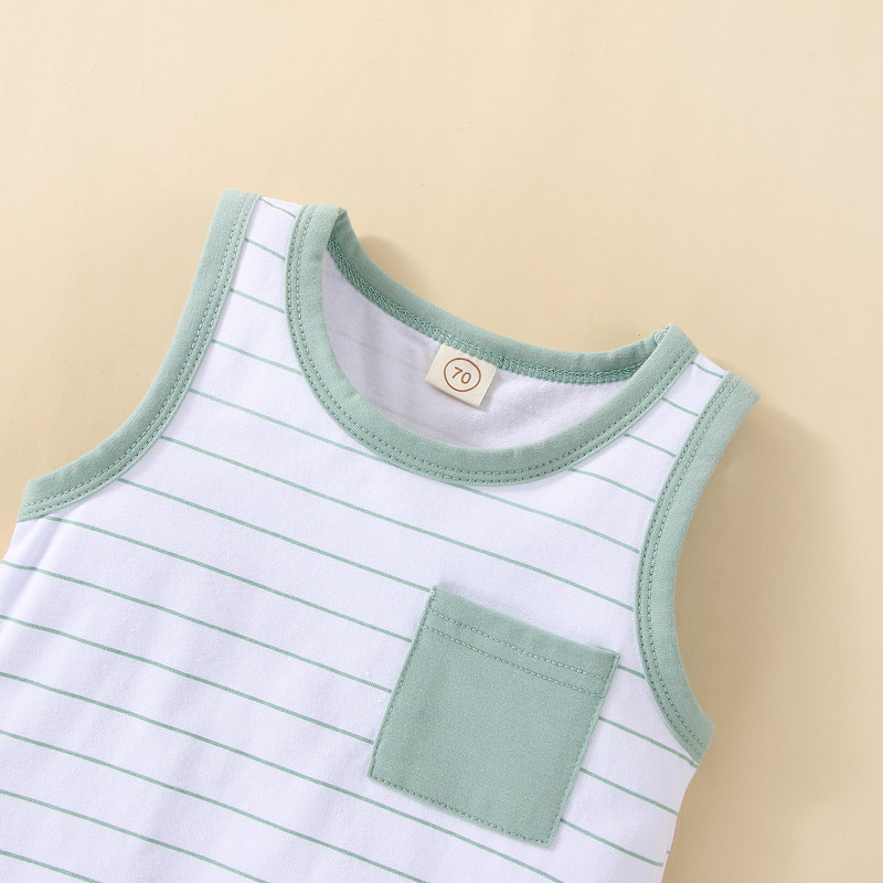 FOCUSNORM Kompleti ljetne odjeće za malu djecu, 3 boje, 2 komada majica s džepovima bez rukava na pruge i kratke hlače s čvrstim elastičnim strukom