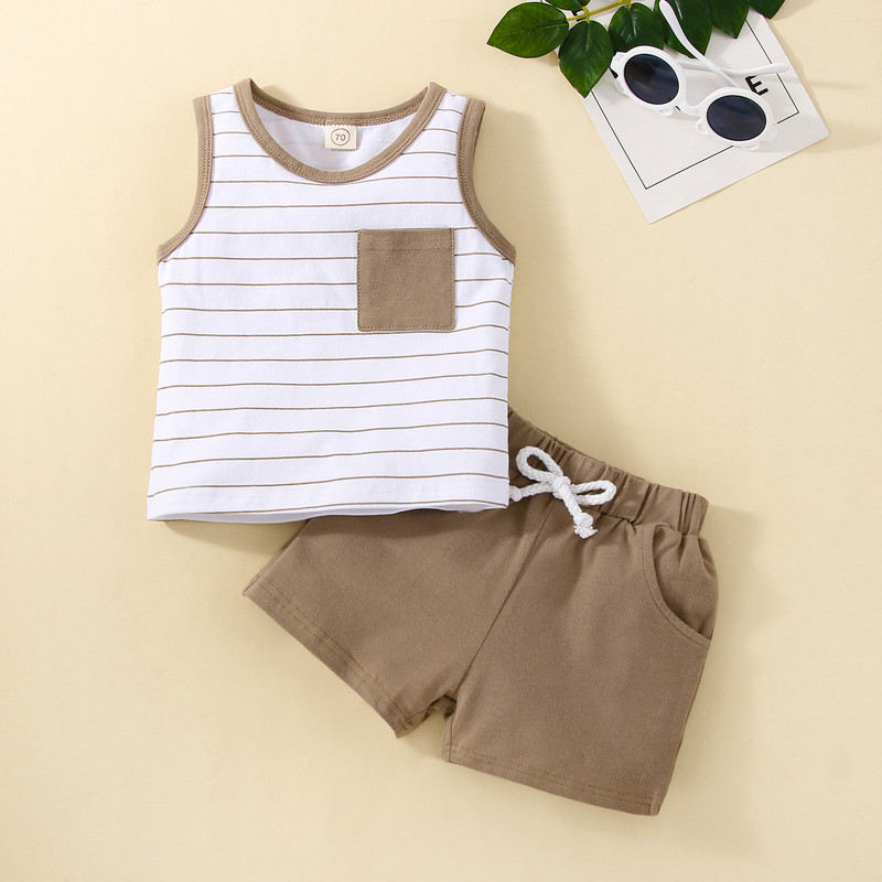 FOCUSNORM Kompleti ljetne odjeće za malu djecu, 3 boje, 2 komada majica s džepovima bez rukava na pruge i kratke hlače s čvrstim elastičnim strukom