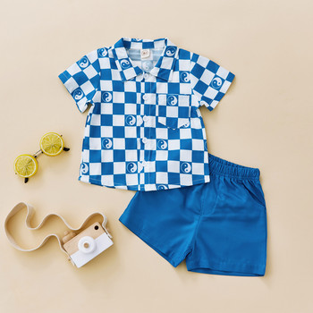 FOCUSNORM 1-5Y Summer Casual Παιδικά Αγόρια Σετ Ρούχα Καρό με εμπριμέ κοντομάνικο μονόστηθο πουκάμισο + σορτς 2 τμχ