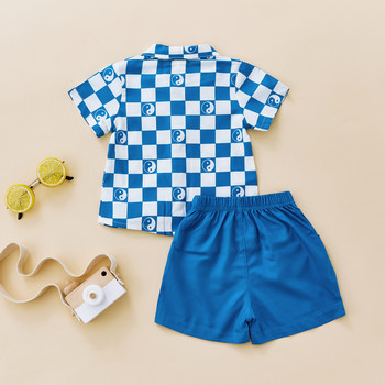 FOCUSNORM 1-5Y Summer Casual Παιδικά Αγόρια Σετ Ρούχα Καρό με εμπριμέ κοντομάνικο μονόστηθο πουκάμισο + σορτς 2 τμχ