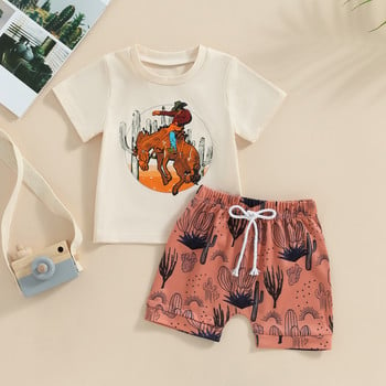 FOCUSNORM 2 τμχ Σετ καλοκαιρινά ρούχα για μωρά για μωρά γράμματα Western print Κοντό μανίκι T-shirt ελαστικό σορτς Σετ ρούχων