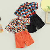 FOCUSNORM 1-5Y Toddler Παιδικά Αγόρια Καλοκαιρινά Σετ 2 τμχ κοντομάνικο γεωμετρικό ριγέ στάμπα πουκάμισο + μονόχρωμο σορτς