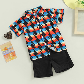 FOCUSNORM 1-5Y Toddler Παιδικά Αγόρια Καλοκαιρινά Σετ 2 τμχ κοντομάνικο γεωμετρικό ριγέ στάμπα πουκάμισο + μονόχρωμο σορτς