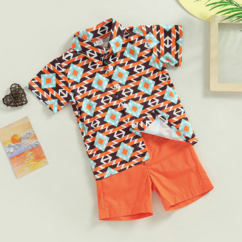 FOCUSNORM 1-5Y Toddler Παιδικά Αγόρια Καλοκαιρινά Σετ 2 τμχ κοντομάνικο γεωμετρικό ριγέ στάμπα πουκάμισο + μονόχρωμο σορτς