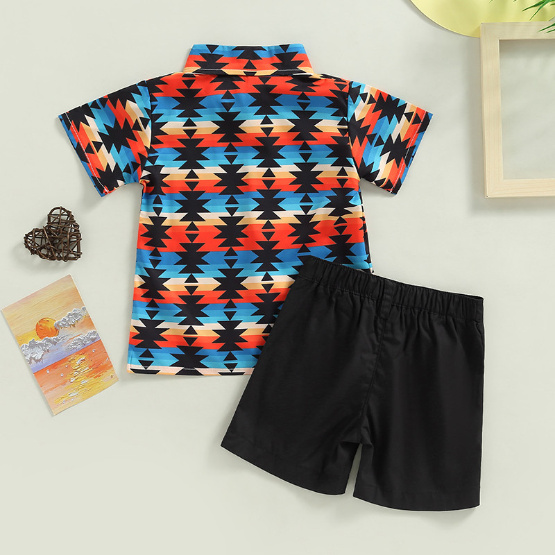 FOCUSNORM 1-5Y Toddler Παιδικά Αγόρια Καλοκαιρινά Σετ 2 τμχ κοντομάνικο γεωμετρικό ριγέ στάμπα πουκάμισο + μονόχρωμο σορτς