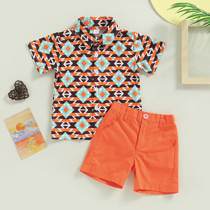 FOCUSNORM 1-5Y Toddler Παιδικά Αγόρια Καλοκαιρινά Σετ 2 τμχ κοντομάνικο γεωμετρικό ριγέ στάμπα πουκάμισο + μονόχρωμο σορτς