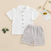 Listenwind 3-7Y Kids Boys Summer Outfits 2PCS Μπλουζάκι με κοντό μανίκι με κουμπιά και σορτς με ελαστική κάθετη ρίγα σετ για casual