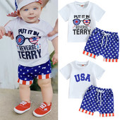 FOCUSNORM Independence Days Βρεφικά σετ ρούχων για αγόρια 0-3 Y κοντομάνικα γράμματα κινουμένων σχεδίων + παντελόνι με κορδόνι αστέρι ριγέ