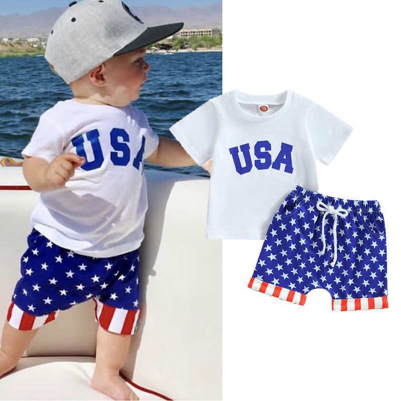 FOCUSNORM Independence Days Βρεφικά σετ ρούχων για αγόρια 0-3 Y κοντομάνικα γράμματα κινουμένων σχεδίων + παντελόνι με κορδόνι αστέρι ριγέ