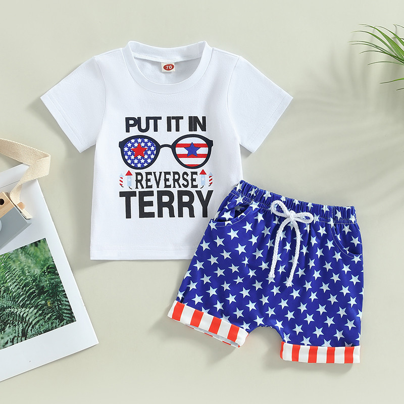 FOCUSNORM Independence Days Βρεφικά σετ ρούχων για αγόρια 0-3 Y κοντομάνικα γράμματα κινουμένων σχεδίων + παντελόνι με κορδόνι αστέρι ριγέ