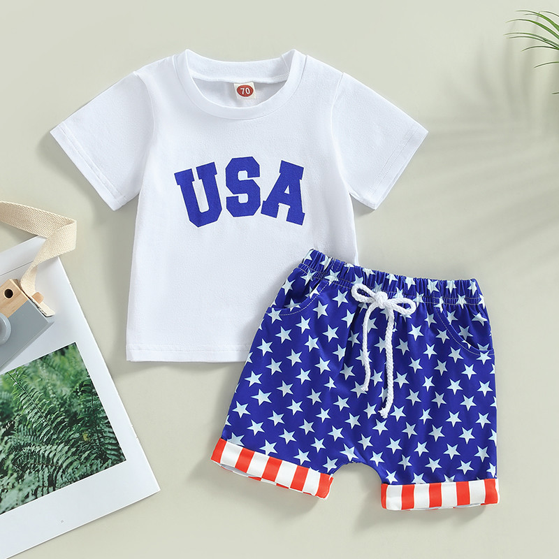 FOCUSNORM Independence Days Βρεφικά σετ ρούχων για αγόρια 0-3 Y κοντομάνικα γράμματα κινουμένων σχεδίων + παντελόνι με κορδόνι αστέρι ριγέ