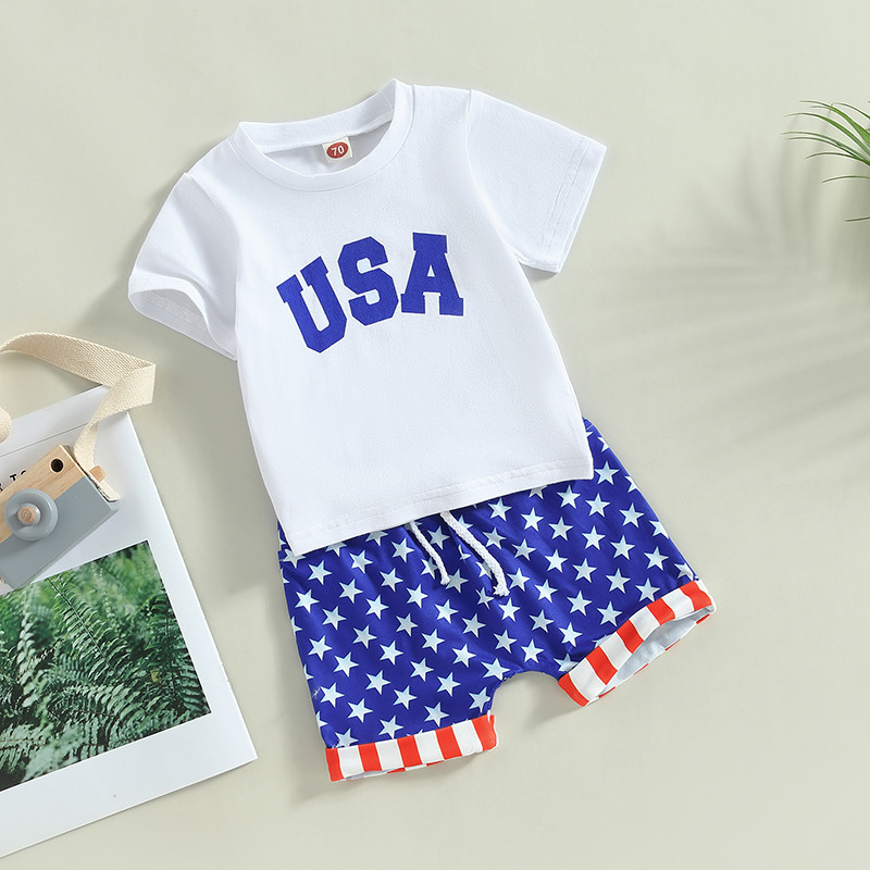 FOCUSNORM Independence Days Βρεφικά σετ ρούχων για αγόρια 0-3 Y κοντομάνικα γράμματα κινουμένων σχεδίων + παντελόνι με κορδόνι αστέρι ριγέ