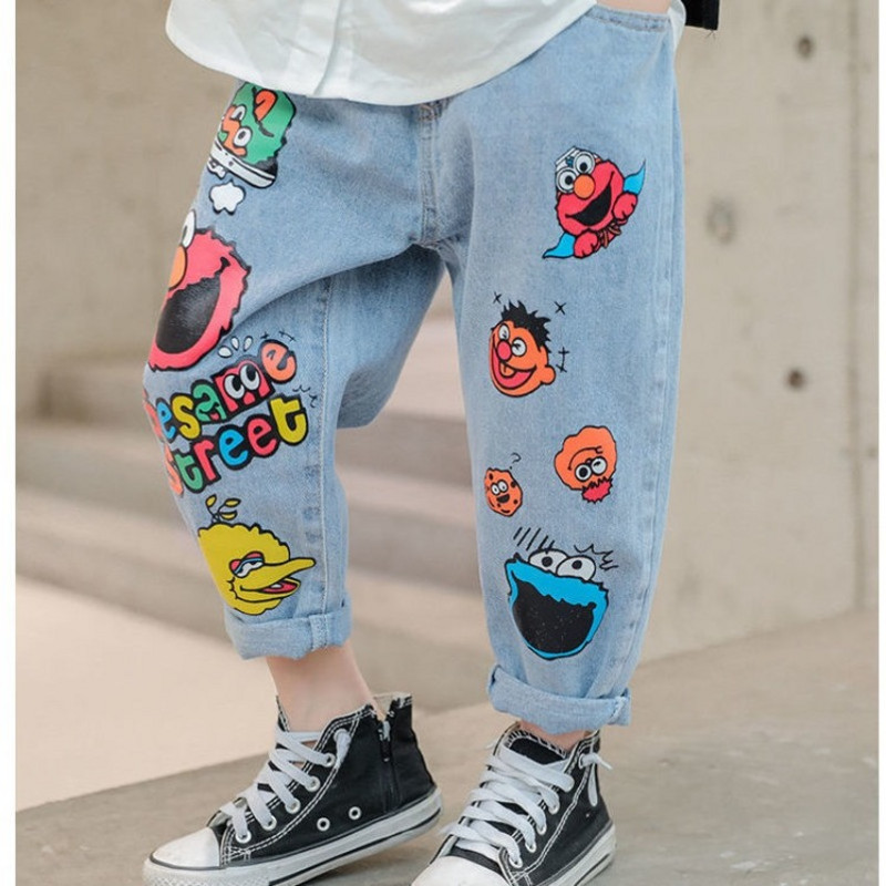 Fiúk Rajzfilm Print Farmer Gyerekek Divat Farmer Alkalmi csípőnadrágok Tavaszi farmer nadrágok Laza graffiti farmerek Tipegő fiú őszi ruhák